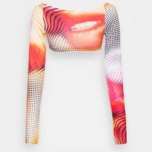 Dolls Kill Jaded London Y2K Lips Print Backless Long Sleeve Top Womens Size 2